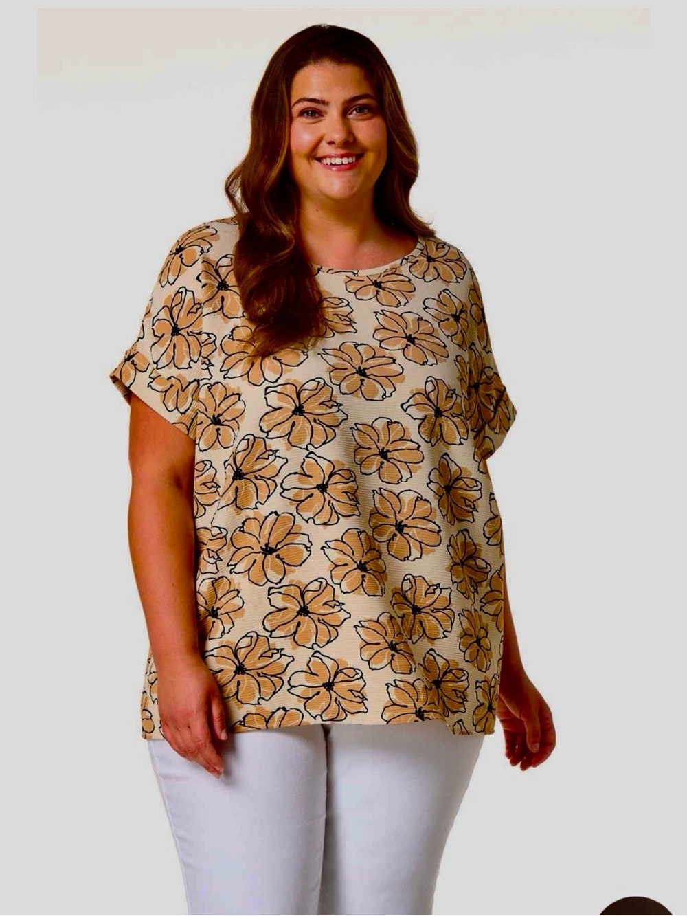 Cato Cream and Tan Floral Short-Sleeve Tunic
